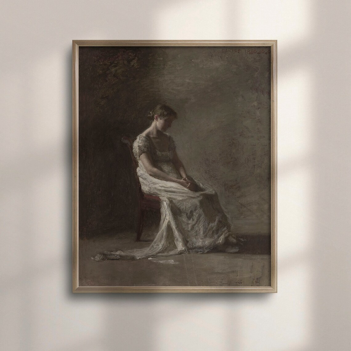 Antique Woman in White Dress Seated Vintage Oil Painting Art Poster
