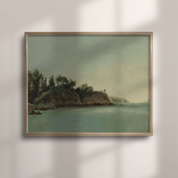 Calm Coastal Inlet with Wooded Cliffs Vintage Seascape Painting Poster