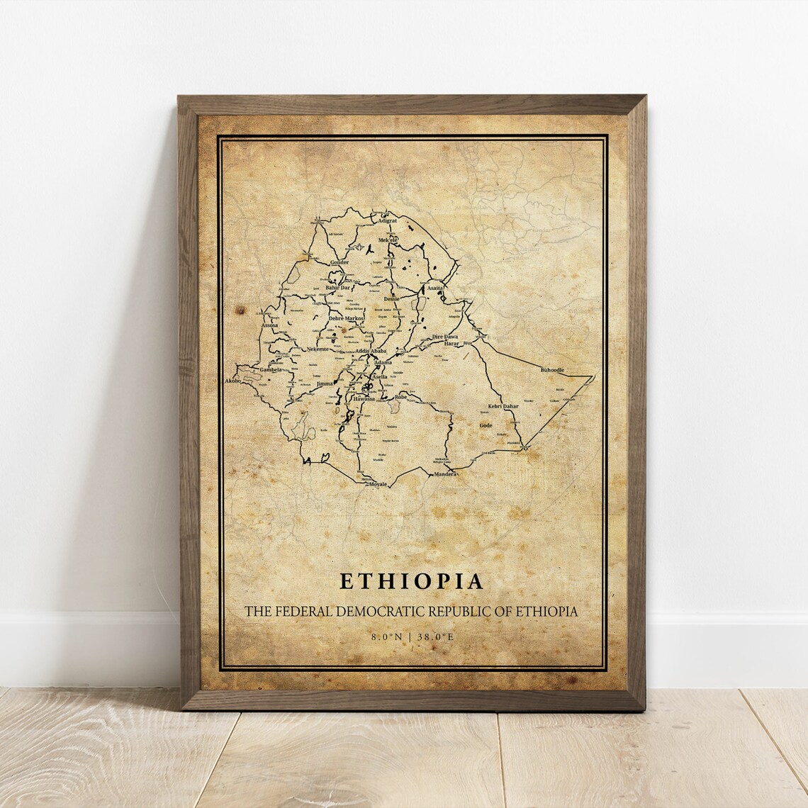 Ethiopia Vintage Map Poster, Country Street Road Map