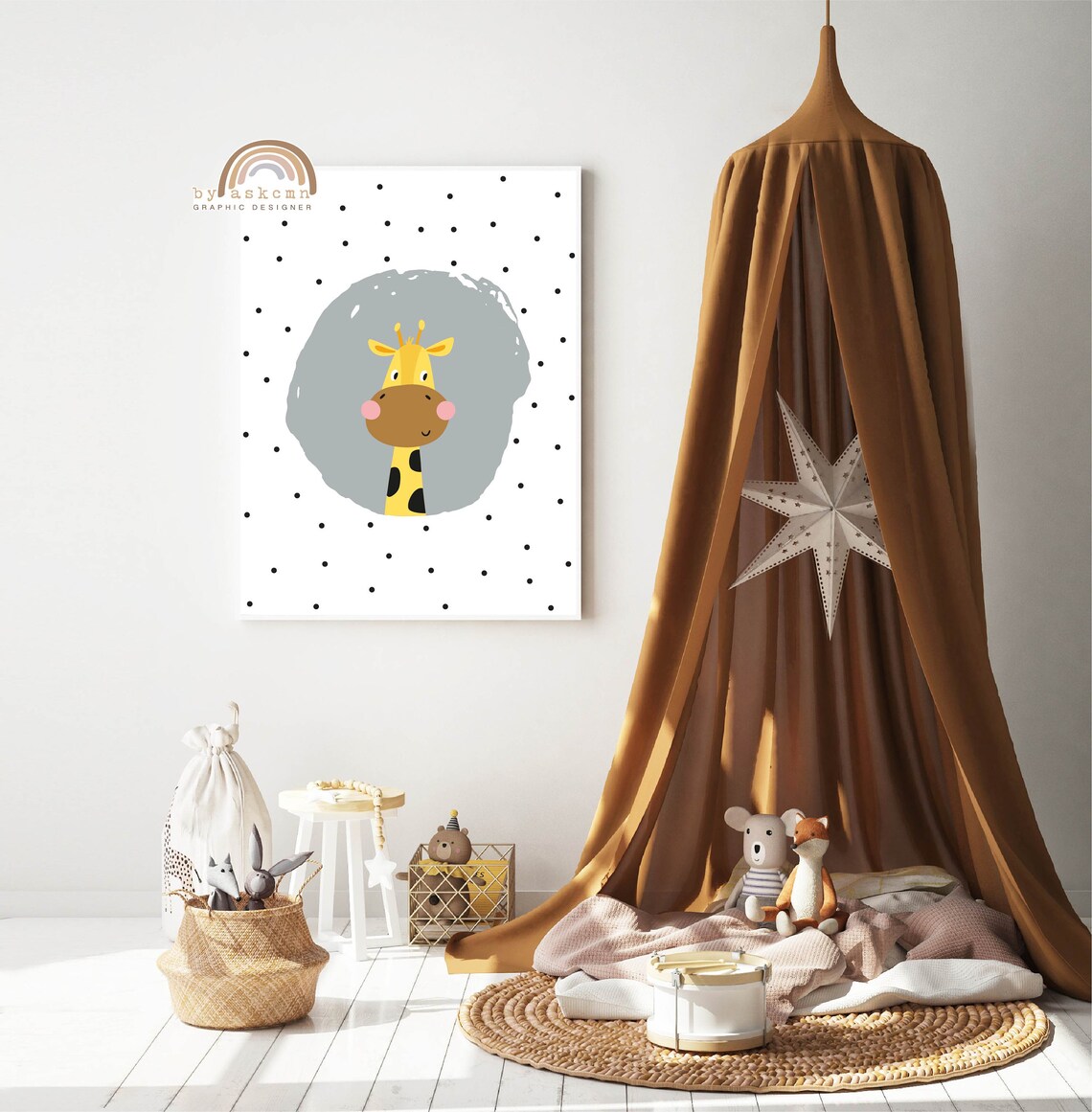 Cute Baby Giraffe Nursery Gray Circle Safari Kids Room Poster - Image 2
