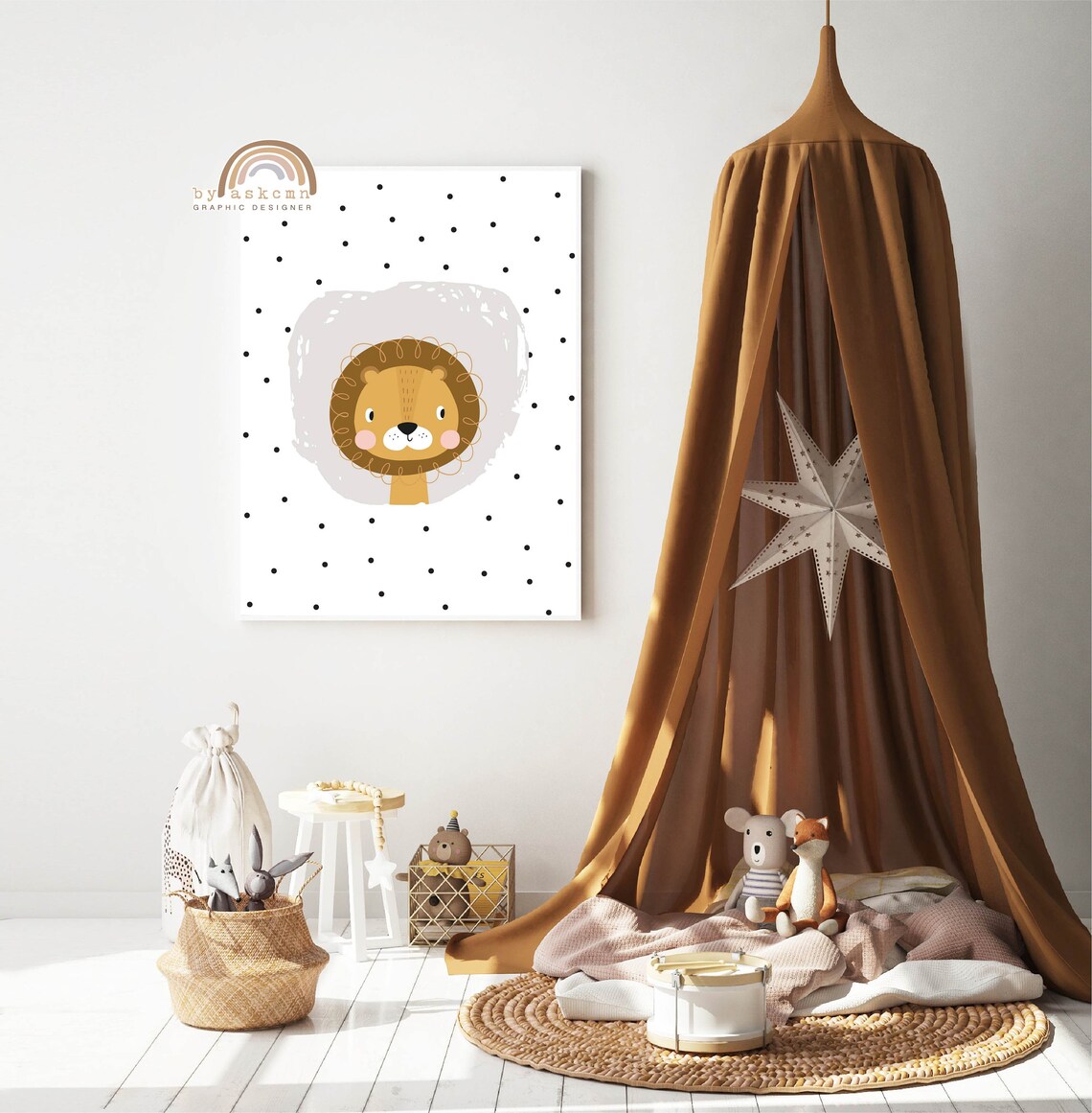Cute Lion Nursery Wall Decor Poster with Gray Splash Polka Dots - Image 4
