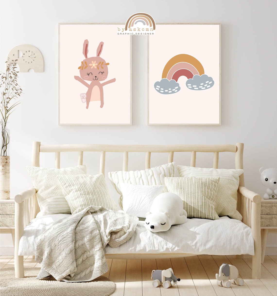 Bunny Print Nursery Baby Room Poster Nursery Wall Art Boho Rainbow Wall Art Boho Nursery Kids Room Poster Girls Bedroom Decor - Image 5