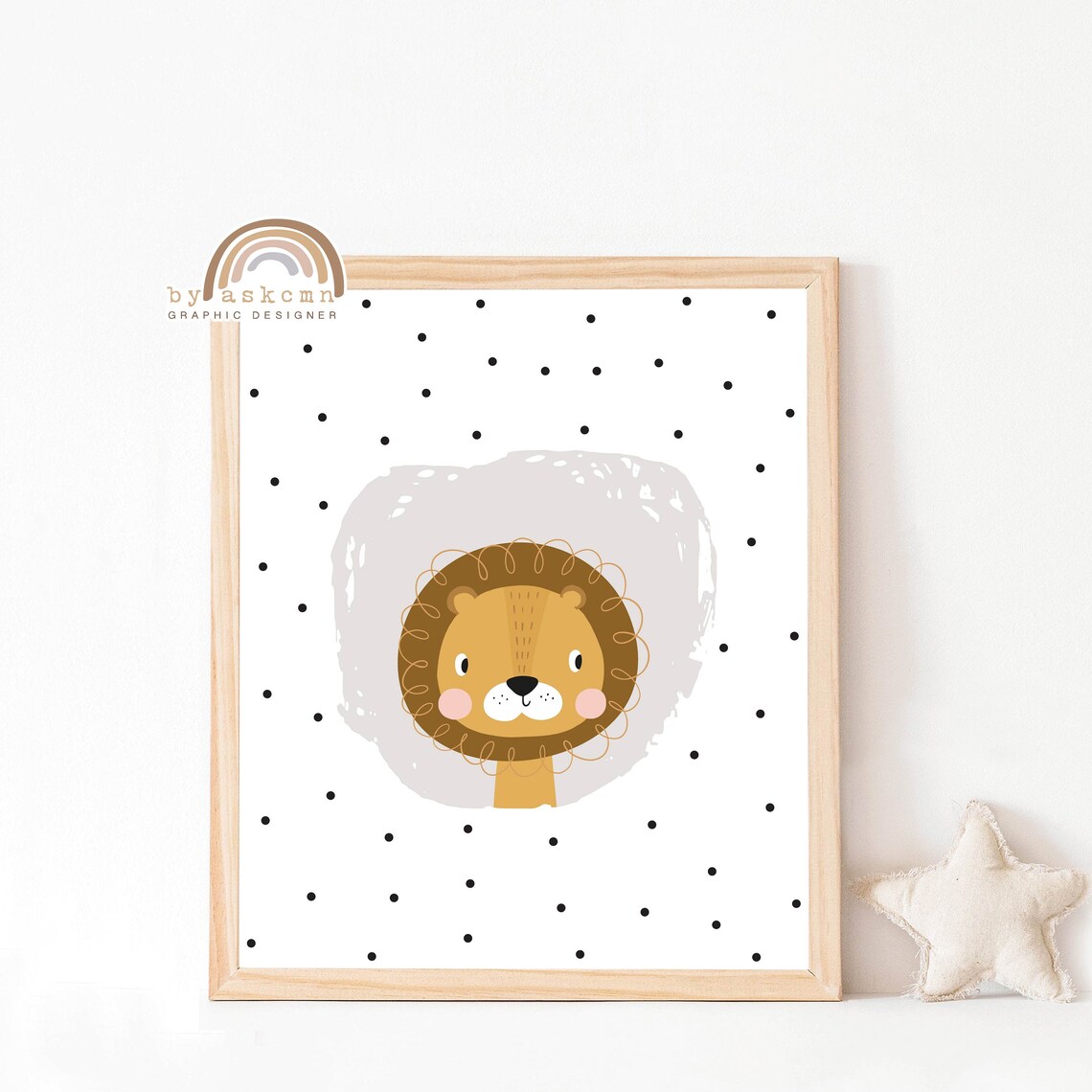 Cute Lion Nursery Wall Decor Poster with Gray Splash Polka Dots - Image 3