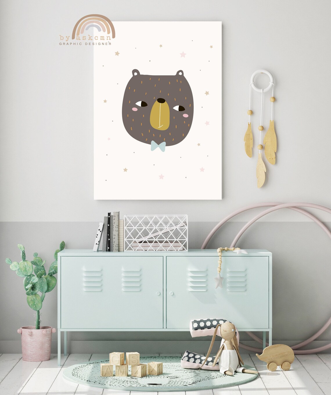 Dark Brown Bear Bow Tie Sleepy Eyes Cute Nursery Animal Wall Decor Poster - Image 3