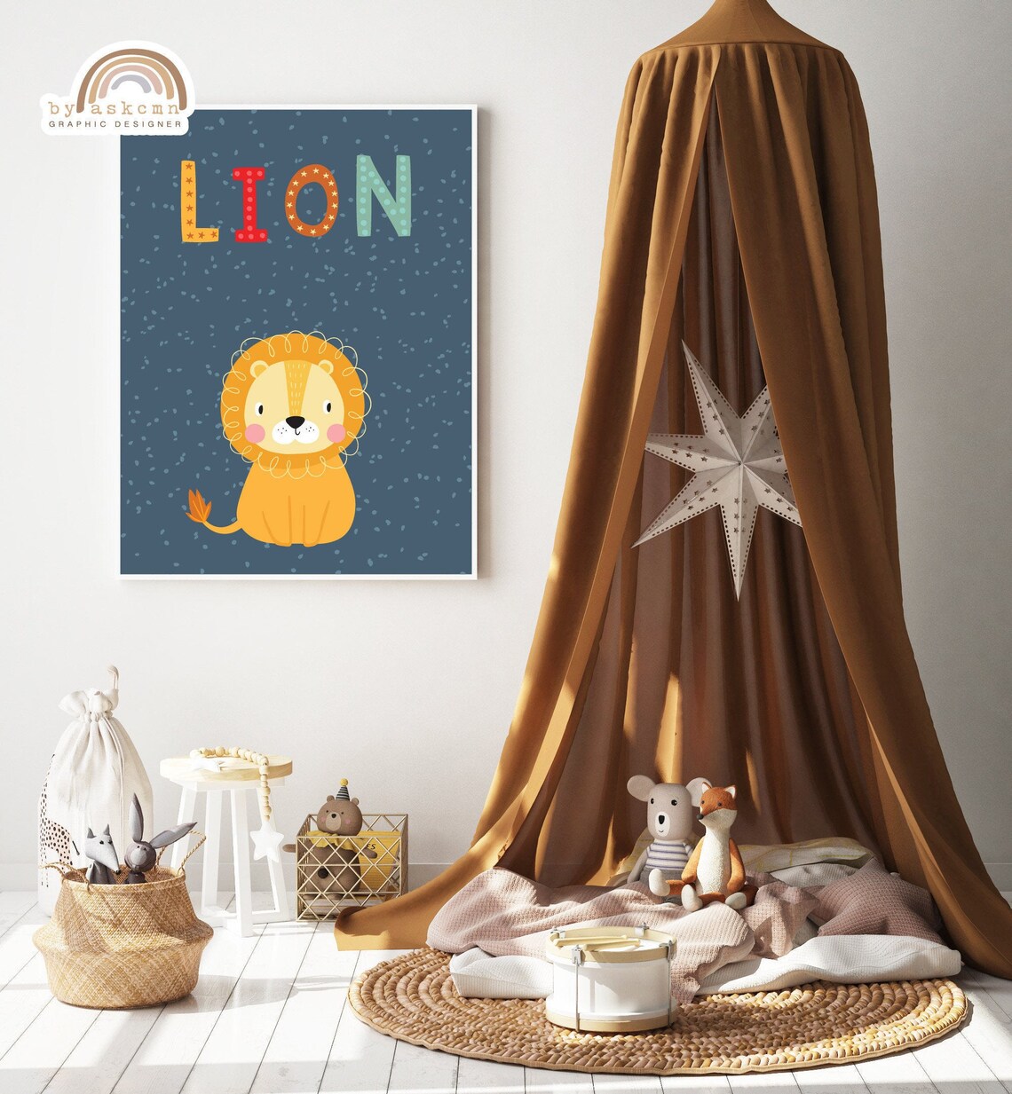 Colorful LION Text With Cute Smiling Lion Cub Navy Nursery Poster - Image 6