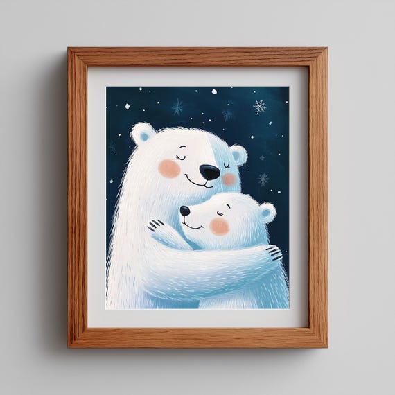 Polar Bear Family Wall Art Cute Winter Animal Painting Whimsical Baby Nursery Decor Arctic Wildlife 231