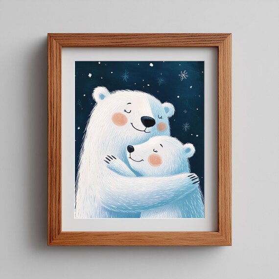 Polar Bear Family Watercolor Winter Arctic Snowy Night Hug Poster