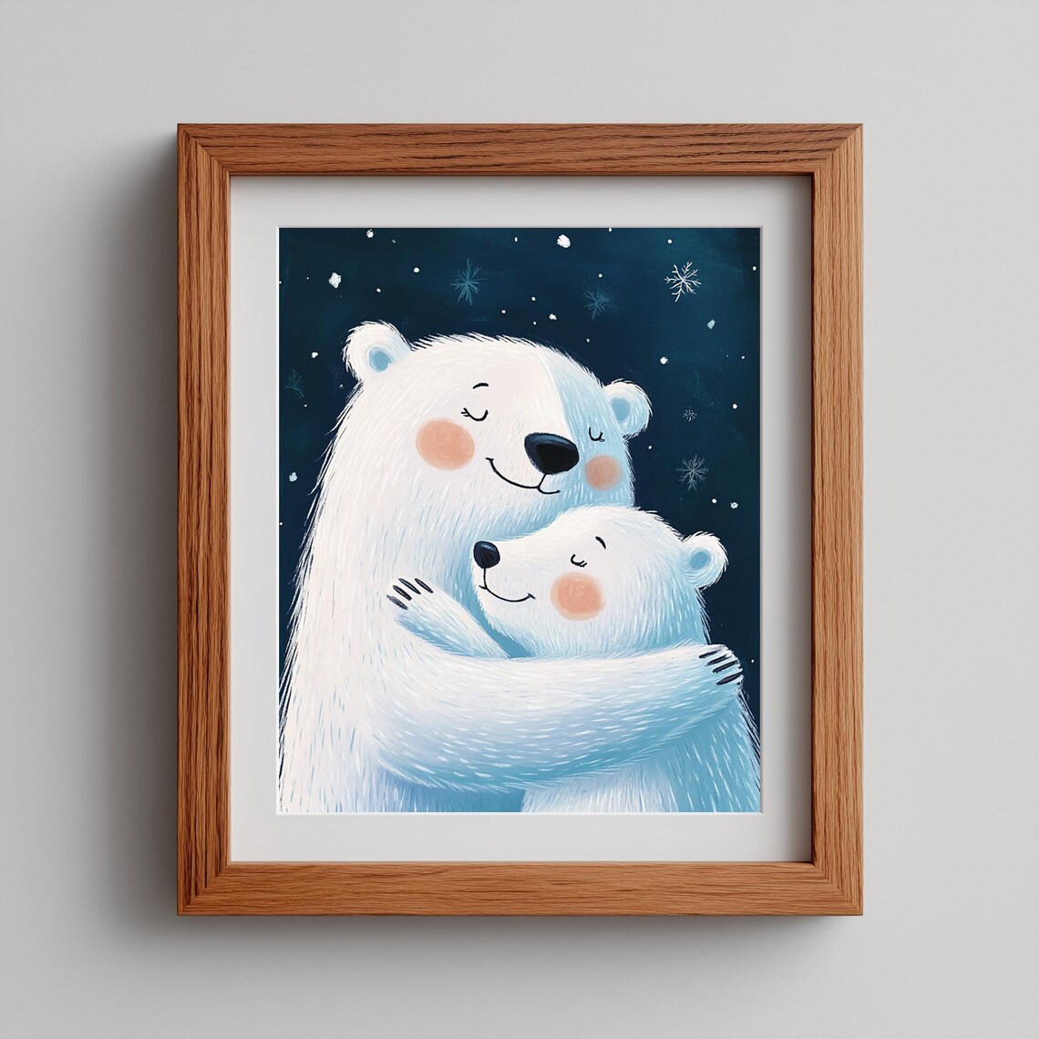 Polar Bear Family Watercolor Winter Arctic Snowy Night Hug Poster