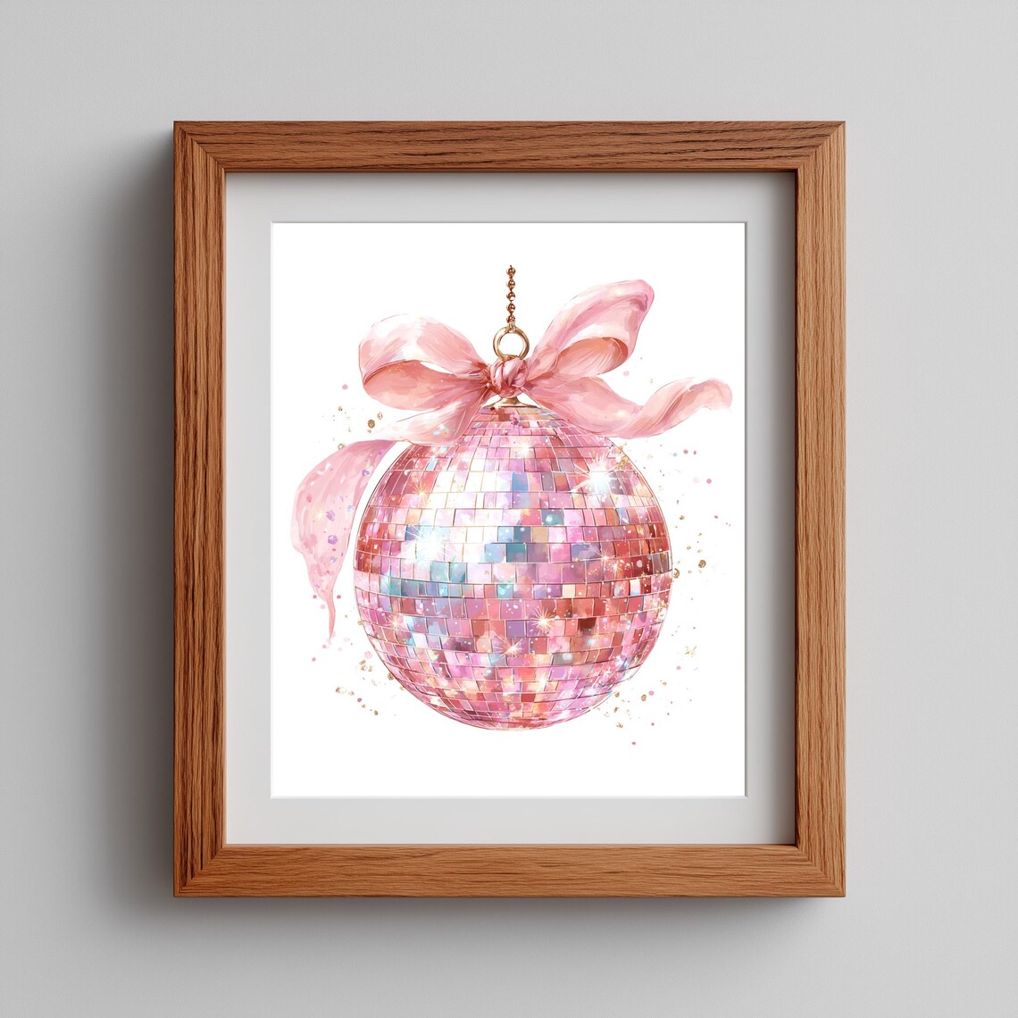 Rose Gold Disco Ball Pink Silk Bow Watercolor Christmas Wall Art