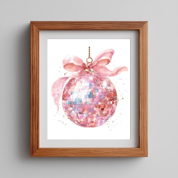 Rose Gold Disco Ball Pink Silk Bow Watercolor Christmas Wall Art