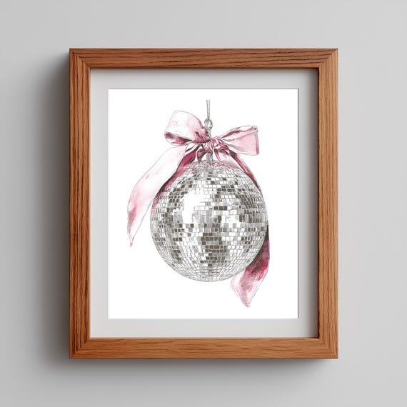 Disco Ball Wall Art Glam Pink Bow Decor Retro Coquette Fun Party Room Print Sparkly Vintage Style 19