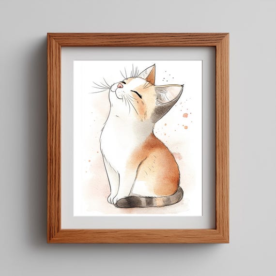 Cute Cat Wall Art Whimsical Watercolor Kitten Portrait Adorable Nursery Decor Soft Pastel Pet Artwork 216