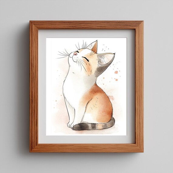 Cute Kitten Watercolor Whimsical Cat Portrait Happy Smiling Pet Wall Art