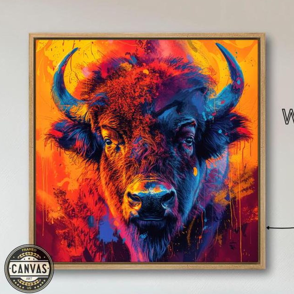 Colorful Bison Head Neon Orange Blue Pop Abstract Wildlife Art Poster