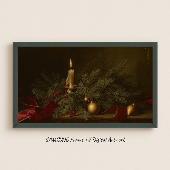 Candle and Pine Classic Christmas Still Life Dark Art Poster