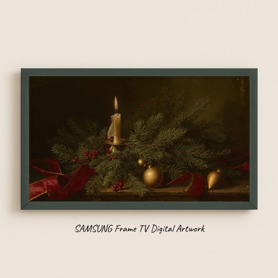 Samsung Frame Tv Art Candle And Pine Classic Christmas Still Life