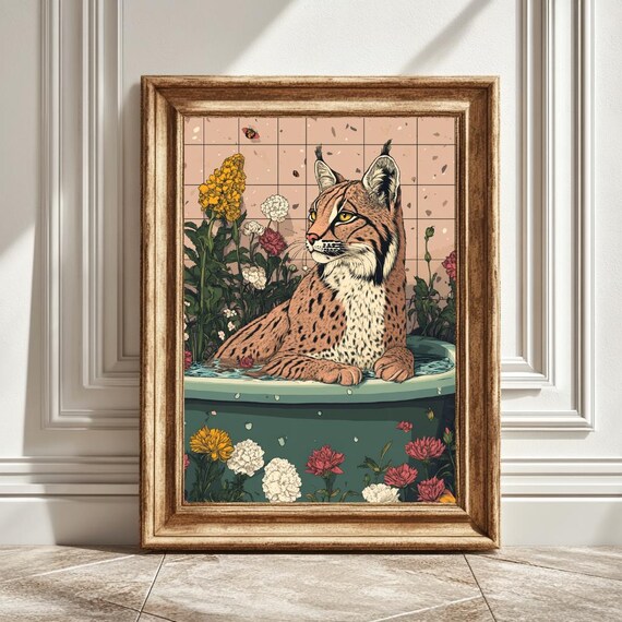 Bathtub Lynx Flower Artwork, Bathroom Decor