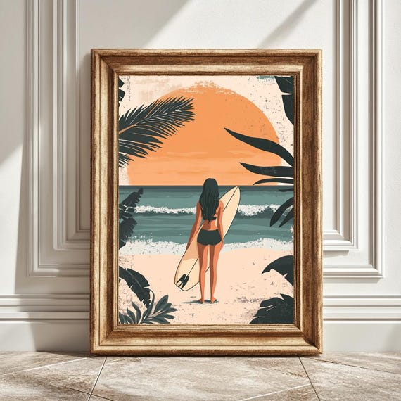 Girl Holding Surfboard, Beach Wall Art