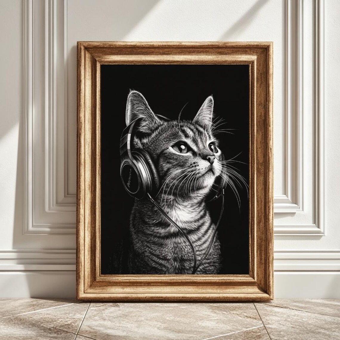 Cat With Headphones, Retro Music Lover Decor