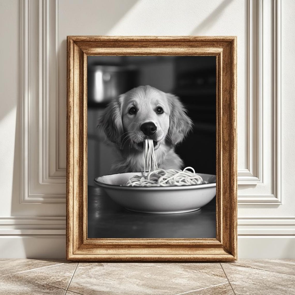 Baby Golden Retriever Eating Pasta, Kitchen Decor