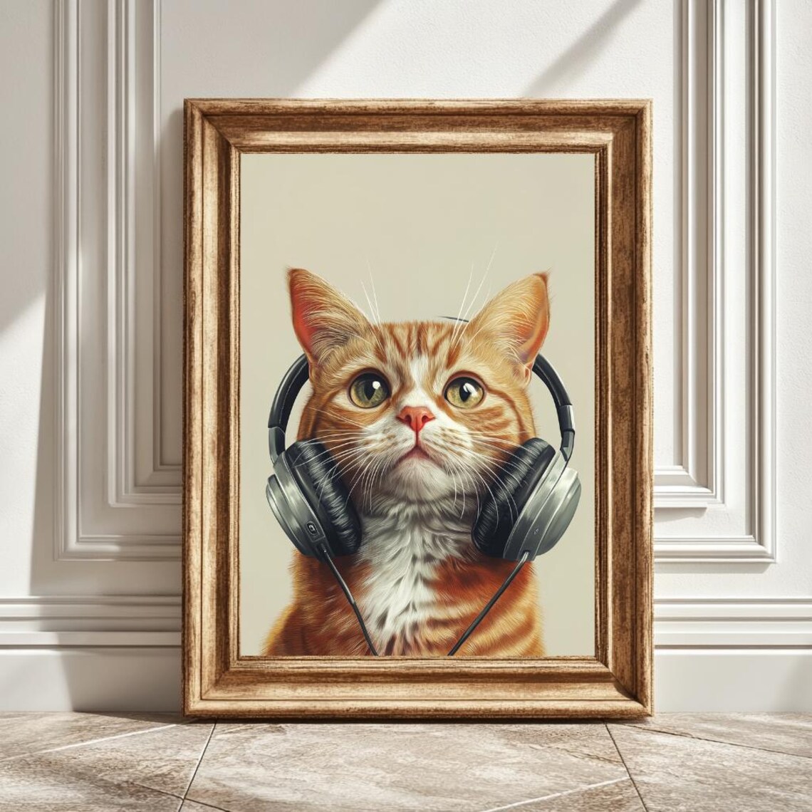 Cat With Headphones, Retro Music Lover Decor