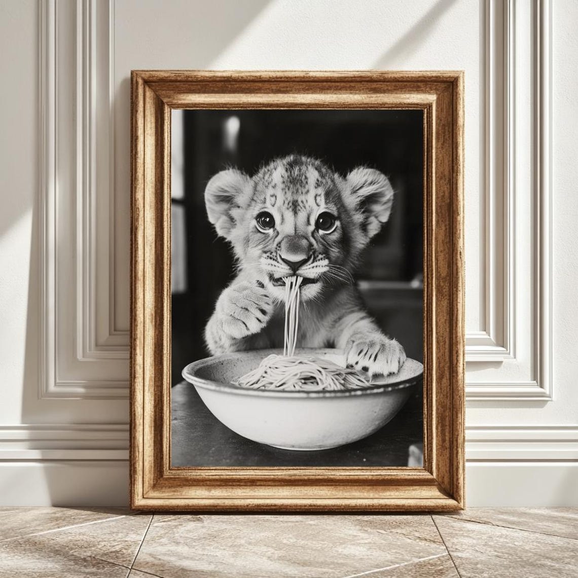 Baby Tiger Eating Pasta, Kitchen Wall Art Print