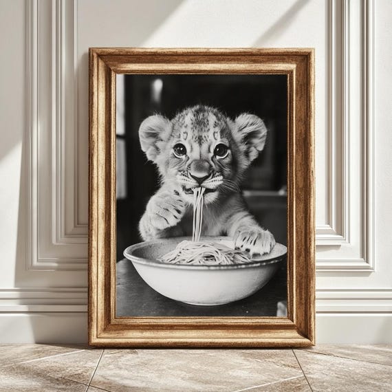 Baby Tiger Eating Pasta, Kitchen Wall Art Print