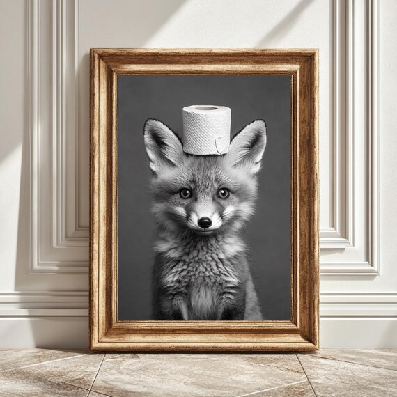 Fox Cub Art Print, Black And White Modern Animal