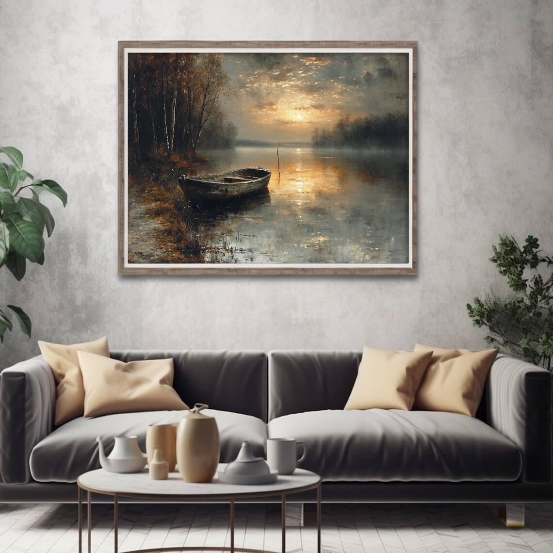 Rowboat Foggy Lake Sunrise Misty Golden Water Landscape Poster - Image 3