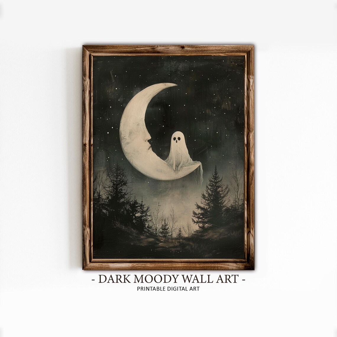 Halloween Moon Ghost Art Print, Gothic Cottagecore Decor