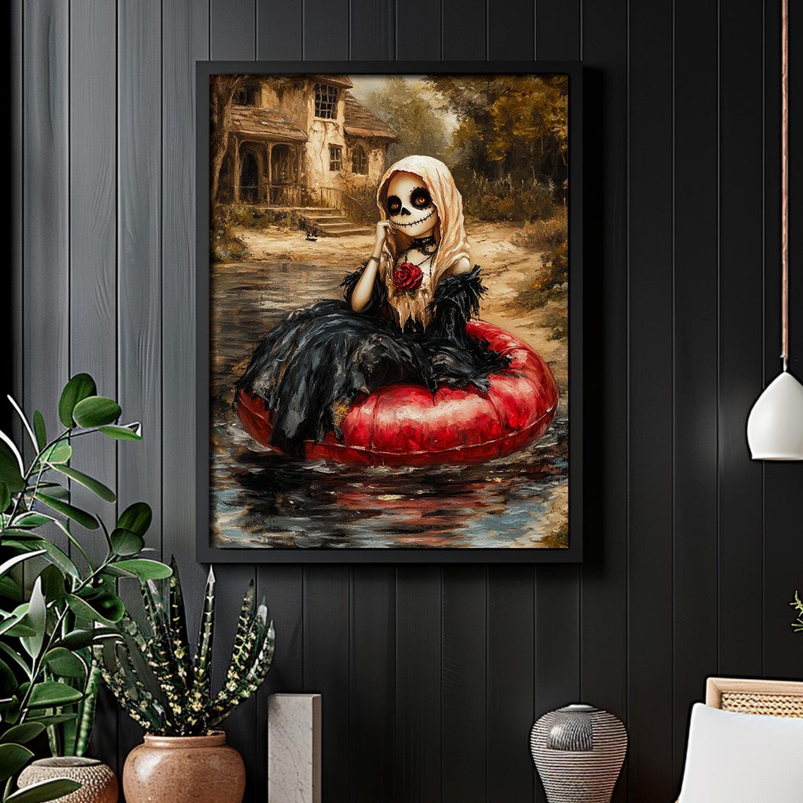 Skeleton Bride Red Rose Pool Float Moody Gothic Halloween Wall Art - Image 6