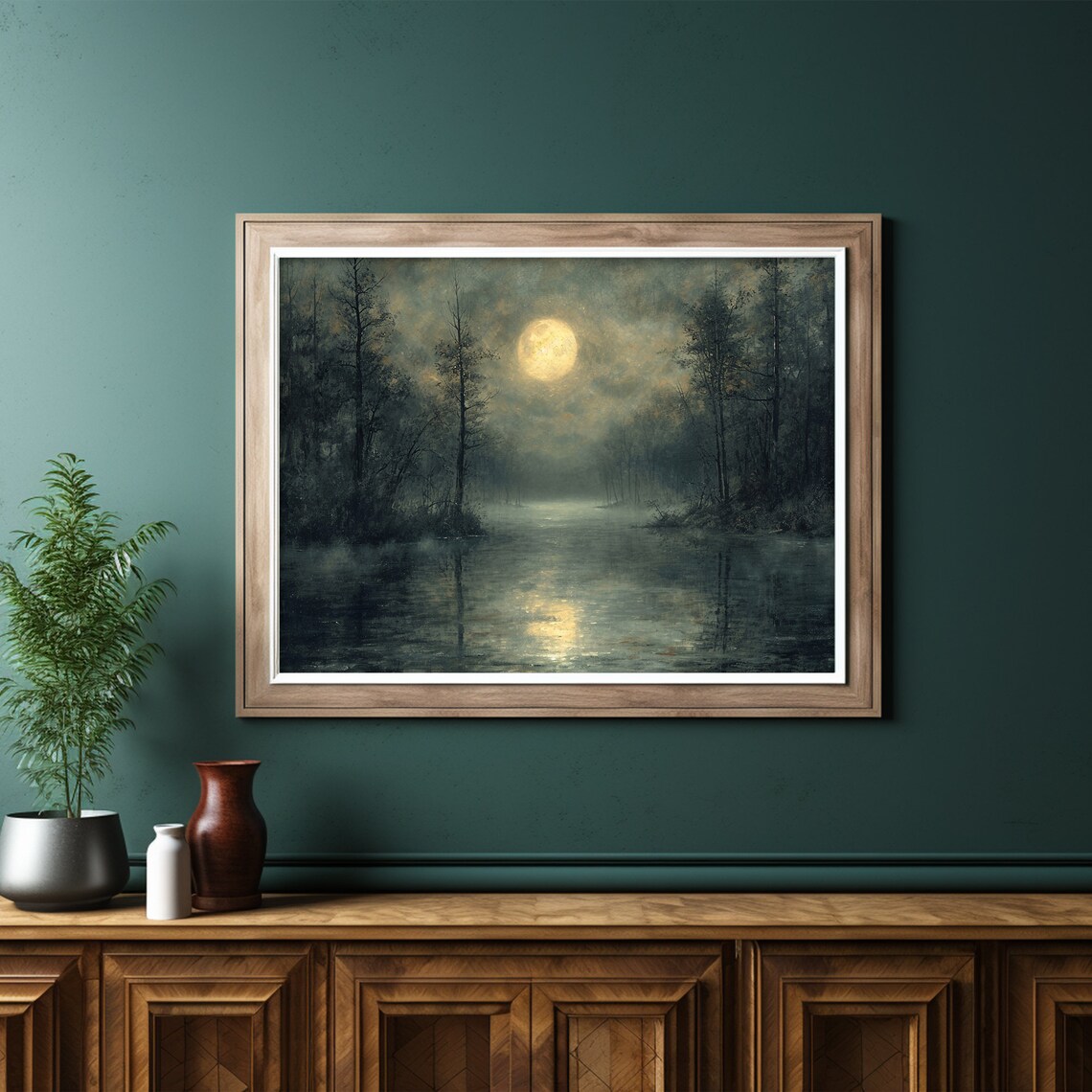 Dark Moonlight Moody Forest Landscape, Rustic Decor - Image 6