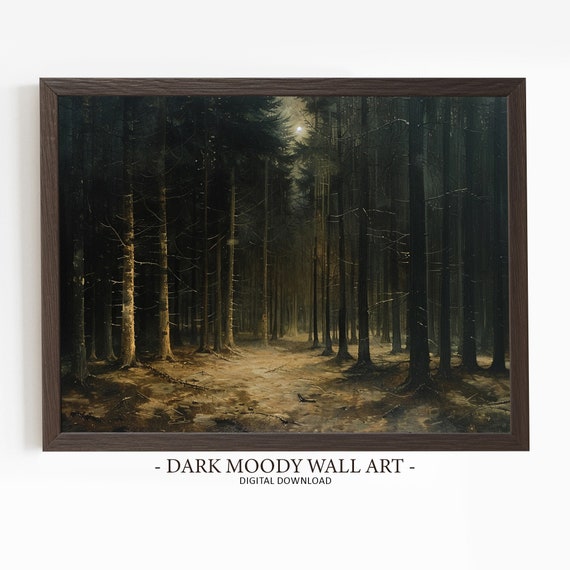 Moody Moonlight Forest Print Dark Moody Art Full Moon Painting Moody Landscape Art Wall Art
