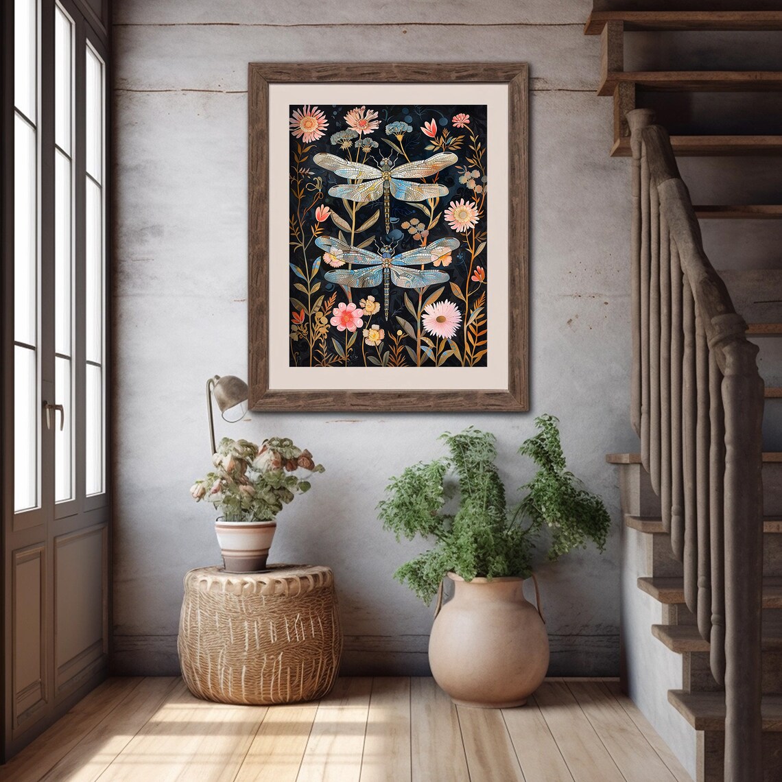 Dark Botanical Dragonfly Floral Black Background Painting Poster - Image 4