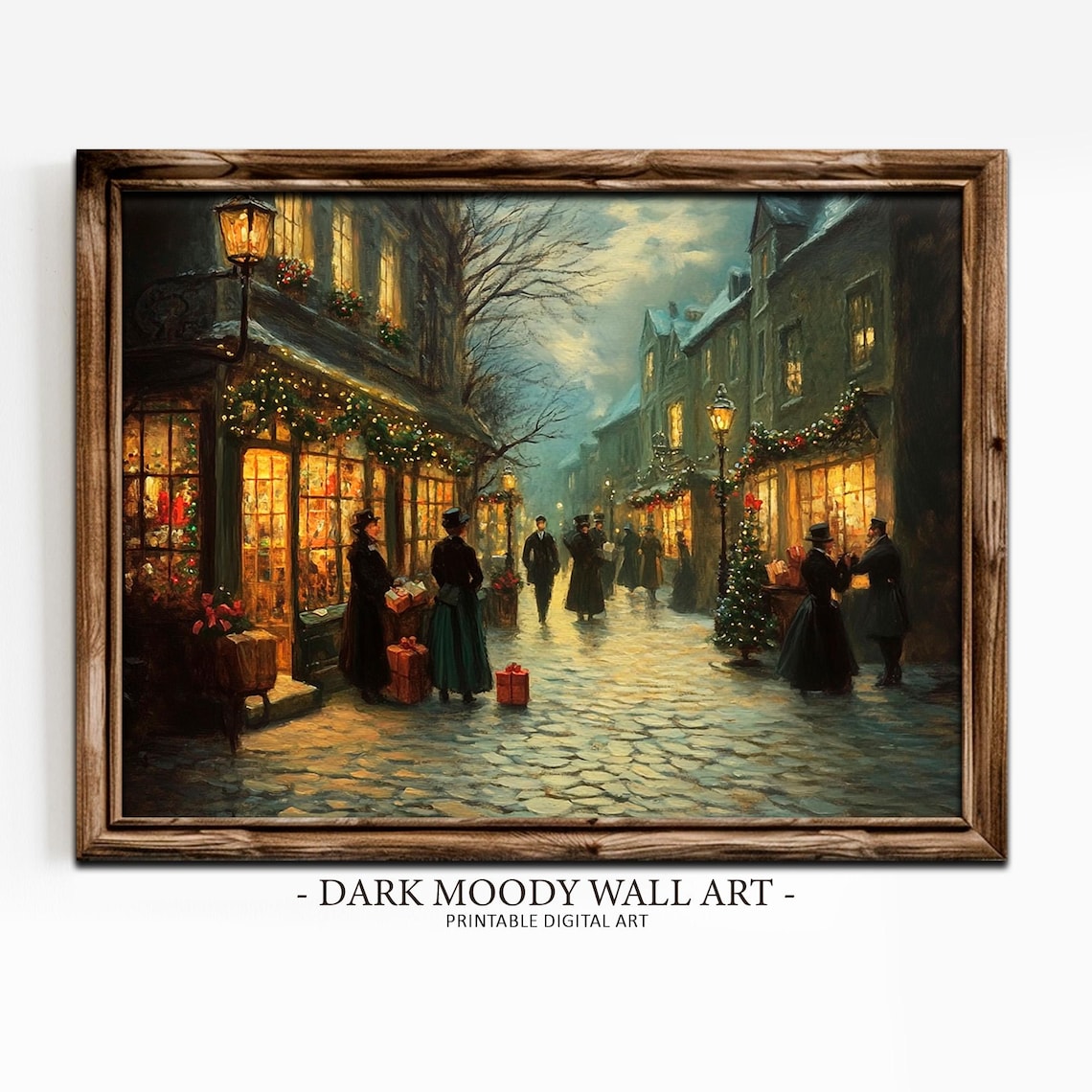 Victorian Christmas Shopping Street at Dusk With Lanterns Wall Art - Image 2