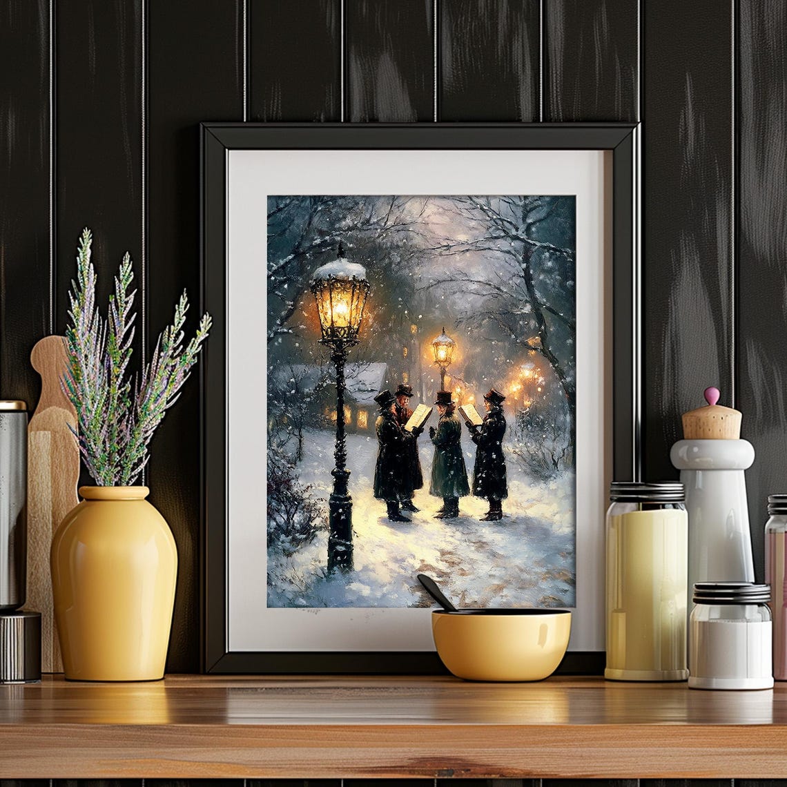 Vintage Men Caroling Beneath Glowing Lampposts Snowy Night Wall Art - Image 4