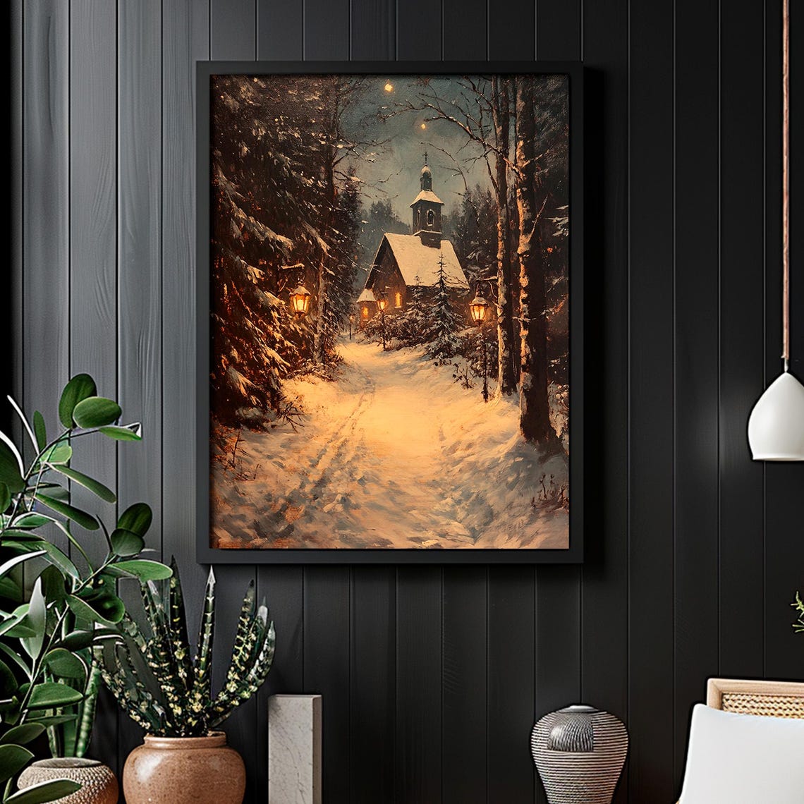 Snowy Chapel in the Woods Lantern Path Winter Painting Poster - Image 5