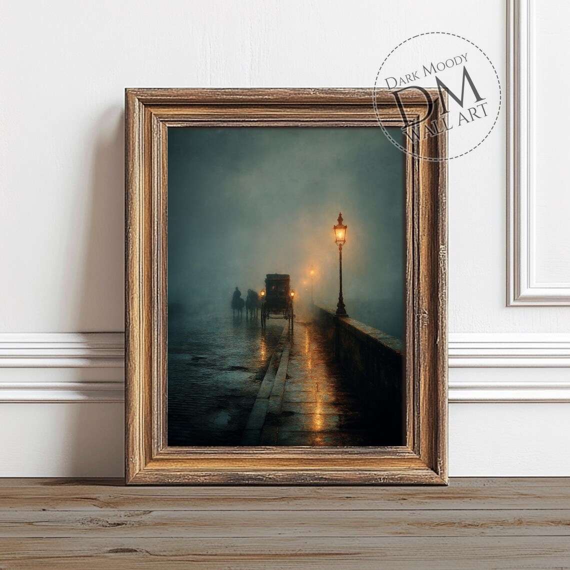 Foggy Victorian Street Horse Carriage Gas Lamp Night Gothic Wall Art