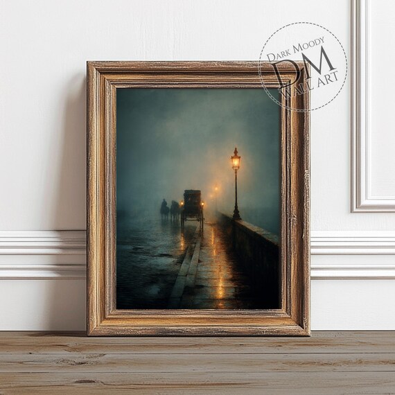 Victorian Carriage Wall Art Moody Foggy Street Gothic Night Print