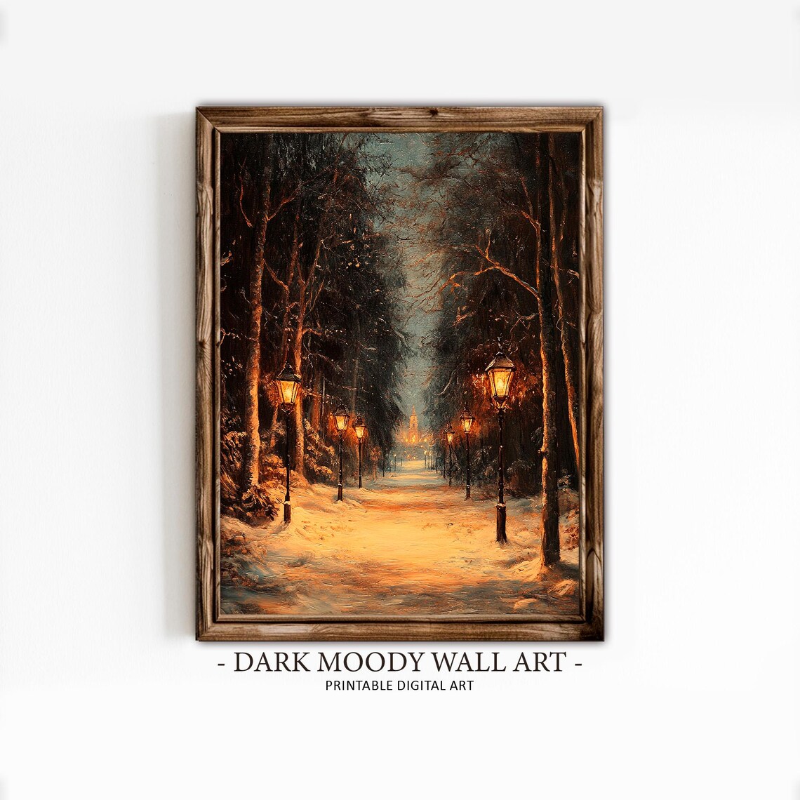 Snowy Lamplit Park Avenue Winter Night Vintage Painting Poster