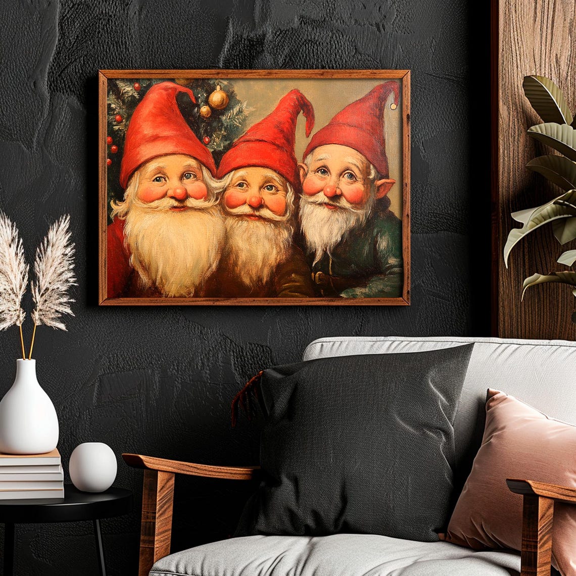 Three Cheerful Christmas Gnomes With Red Hats Vintage Wall Art - Image 6