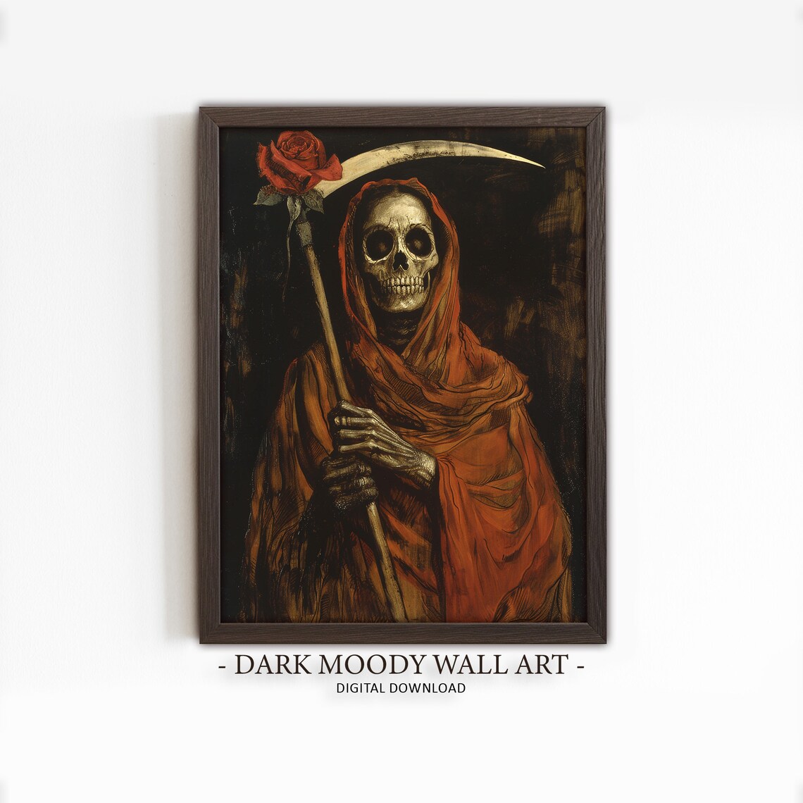 Santa Muerte Grim Reaper with Scythe and Rose Dark Gothic Art Poster