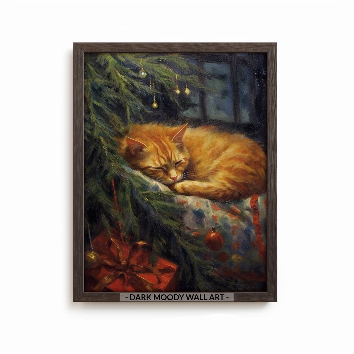Sleeping Cat Painting, Vintage Christmas Art Print