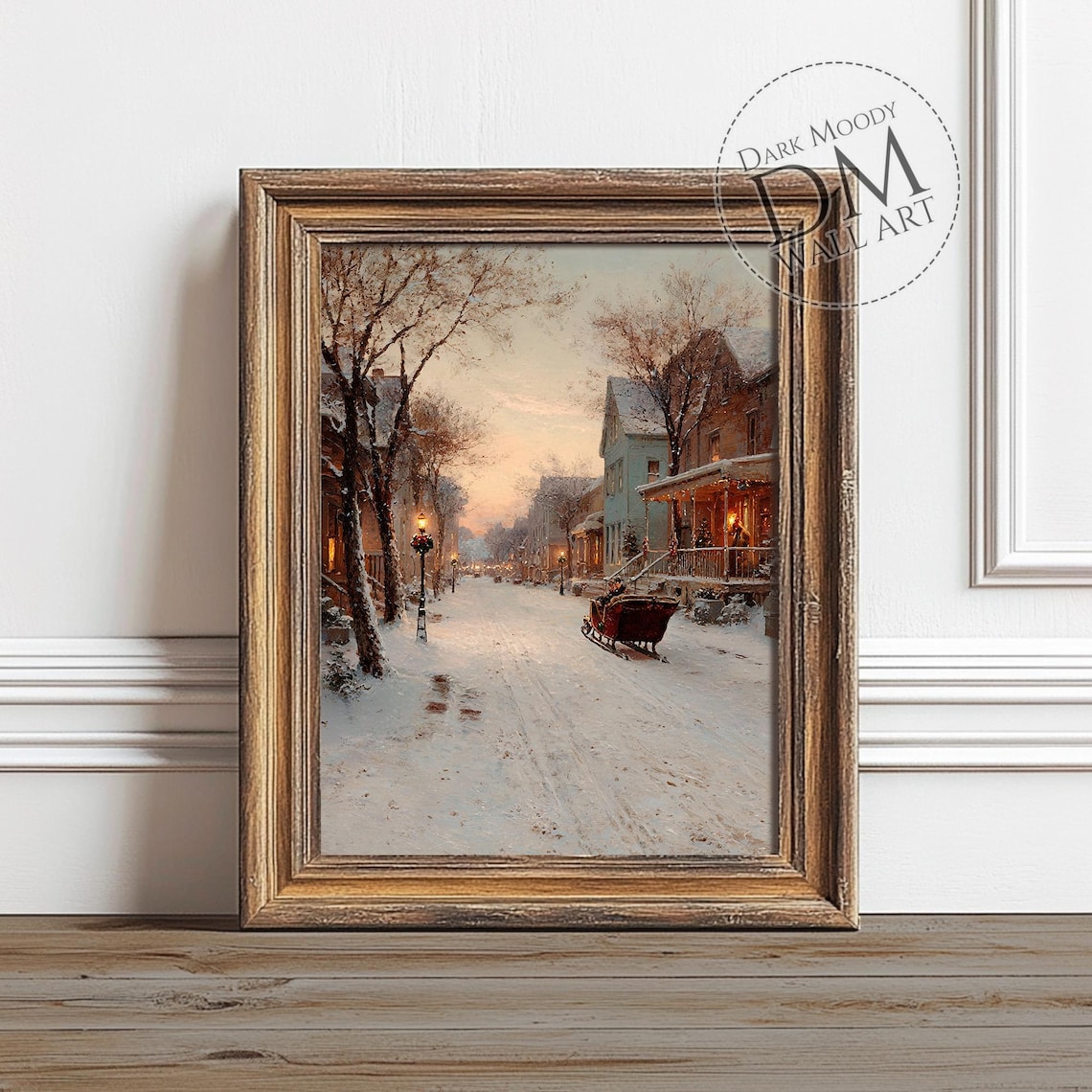 Christmas Sleigh Ride Snowy Victorian Street Lamplight Holiday Poster