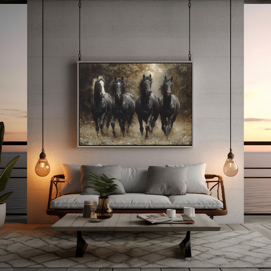 Four Black Horses Herd Dark Moody Equestrian Oil Painting Poster - Image 2