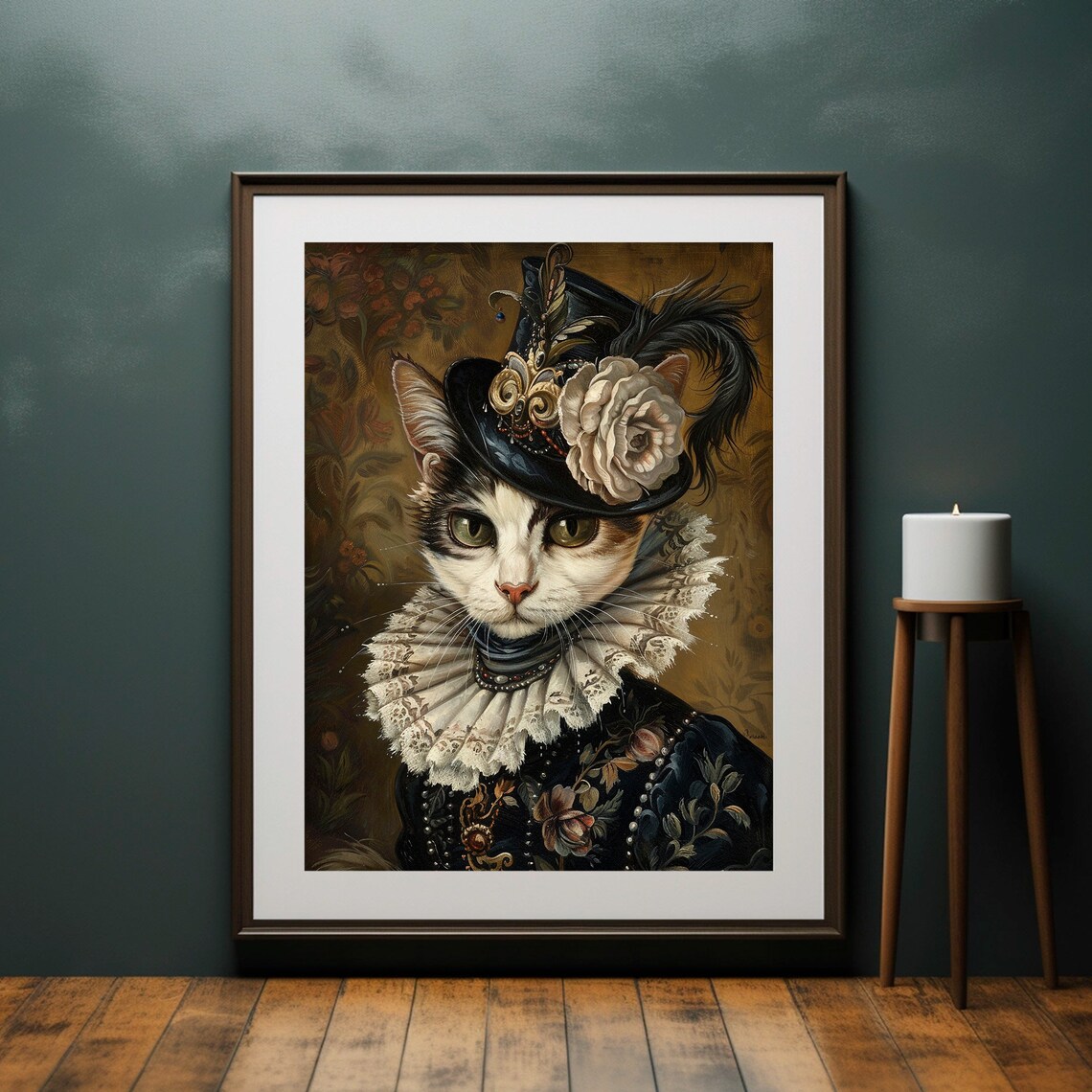 Victorian Cat Portrait Lace Ruff Feathered Hat Painting Poster - Image 4