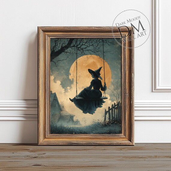 Witch Silhouette Gothic Halloween Full Moon Art Print