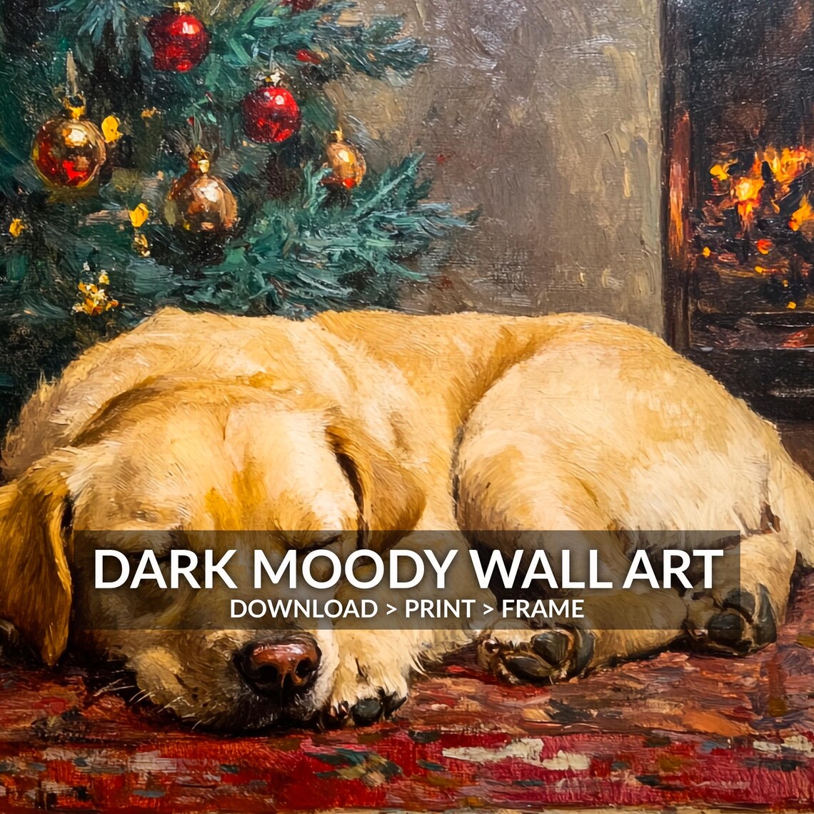 Golden Retriever Sleeping by Christmas Tree Fireplace Painting Poster - Image 6