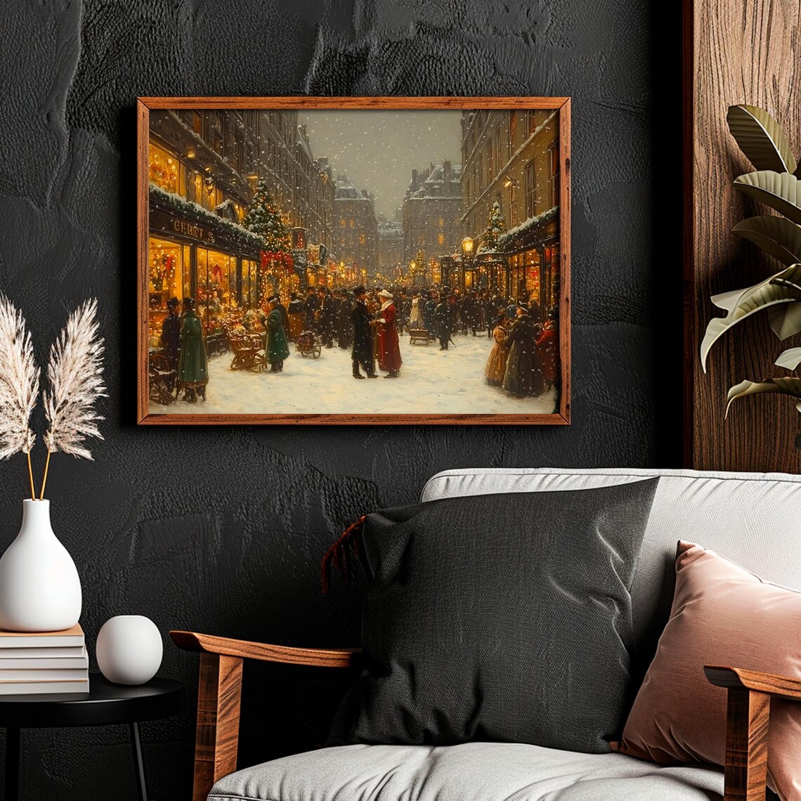 Victorian Holiday Street Glowing Shops Snowy Evening Scene Poster - Image 2