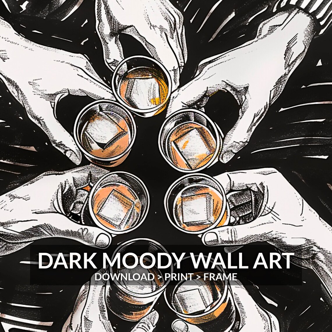 Seven Hands Whiskey Shot Glasses Cheers Toast Dark Moody Bar Poster - Image 5